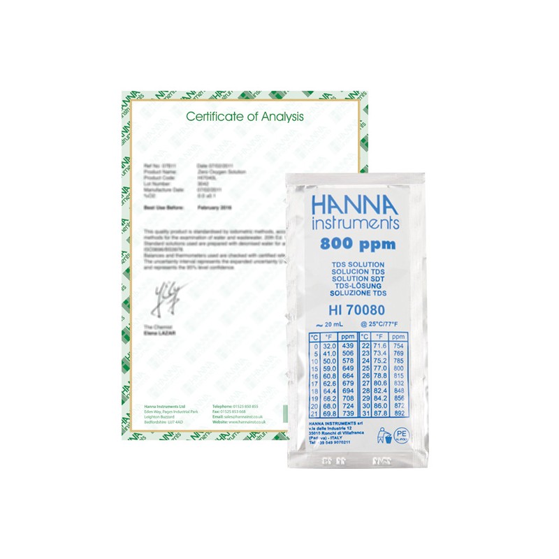 Hanna HI-70080C 800 mg/L (ppm) TDS Calibration Solution, x25 Sachets with Certificate