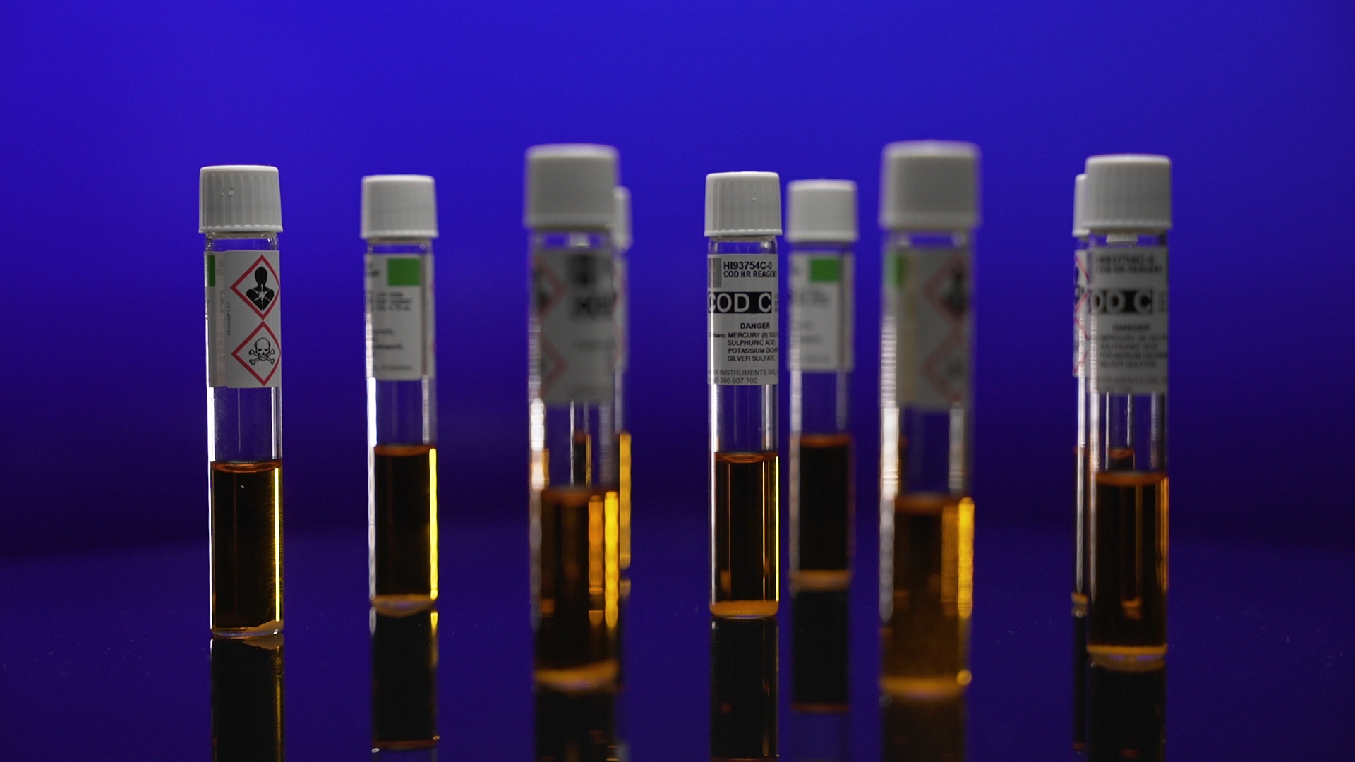 Hanna Instruments COD reagents for chemical oxygen demand testing against a blue background