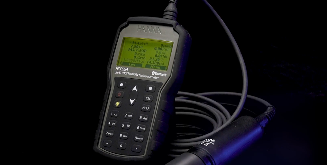 an image of the hi-98594 field meter with multi probe sensor against a black background